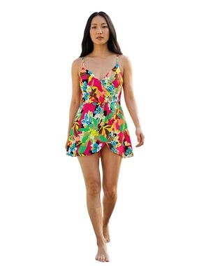 Anne Cole Swim Dress Sz 14 Tropical Floral Twist Front Tummy Control One Piece